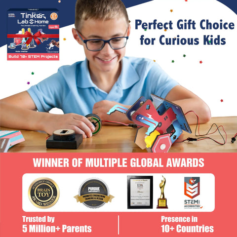 Smiling boy with glasses using Over 200 STEM Projects Kit For Kids Aged 12 To 14 Build Mini Robots Electronics Circuits Magnetism Experiments And Engineering Challenges Awesome Hands On Robotics Gift For Curious Teens And Tween Makers