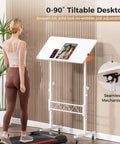 Person using Adjustable Standing Desk With Tilted Tabletop For Home Office Portable Sit Stand Laptop Desk in white, tilting mechanism.