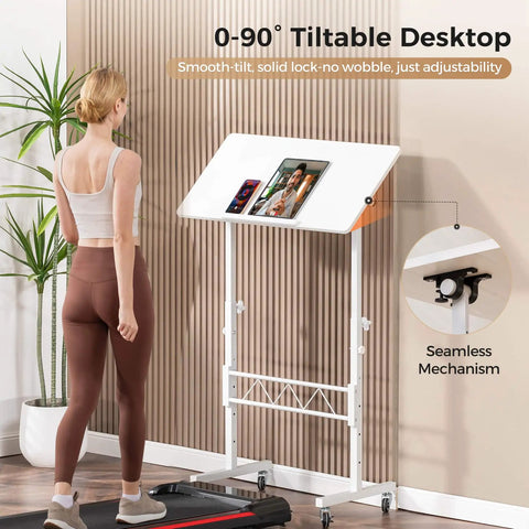 Person using Adjustable Standing Desk With Tilted Tabletop For Home Office Portable Sit Stand Laptop Desk in white, tilting mechanism.