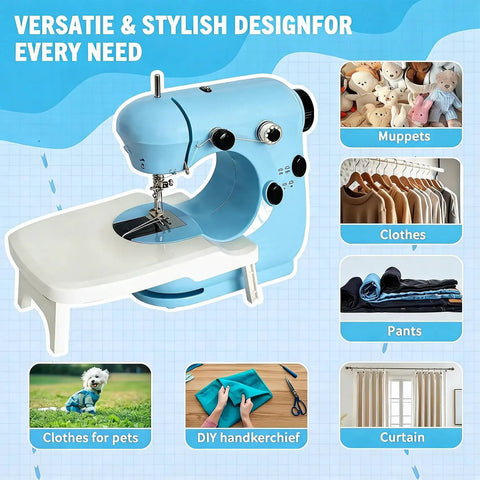 Straight Up Hassle Free Compact Mini Sewing Machine With Dual Speed Options Bright Led Lamp Extension Table And Slick All In One Beginner Kit For Diy Fabrics showing versatile design for sewing clothes and crafts.