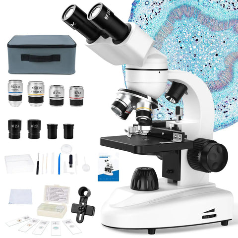 Binocular Compound Microscope Kit For Kids And Adults 40X To 1000X Magnification with lenses and accessories displayed