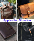 Collage showing leather backpack, handbag, notebook, and jacket made using 14 Size Leather Corner Punch Set With Half Round And Quarter Punches.