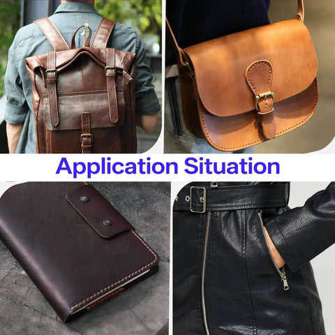 Collage showing leather backpack, handbag, notebook, and jacket made using 14 Size Leather Corner Punch Set With Half Round And Quarter Punches.