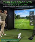 All In One Golf Simulator Enclosure Kit With Pro Grade HD Impact Screen, Foam Padded Aluminum Frame, Blackout Curtains And Side Safety Netting setup in indoor garage with golfer practicing swing in front of screen.