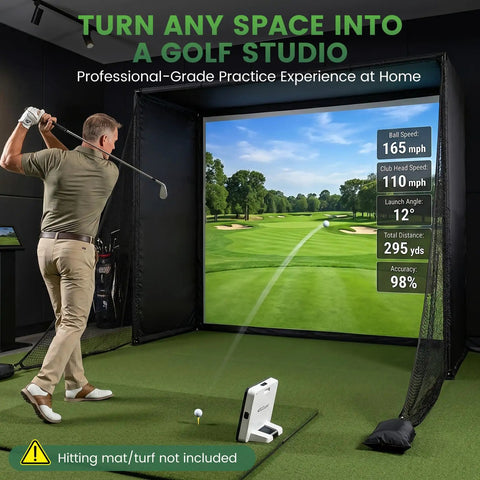 All In One Golf Simulator Enclosure Kit With Pro Grade HD Impact Screen, Foam Padded Aluminum Frame, Blackout Curtains And Side Safety Netting setup in indoor garage with golfer practicing swing in front of screen.