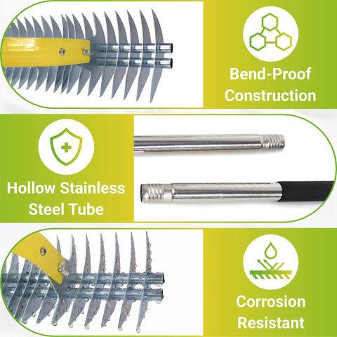 Close-up of 15 Inch Dethatching Rake For Lawn With Dual Edge Steel Head showing bend-proof construction and corrosion-resistant materials.