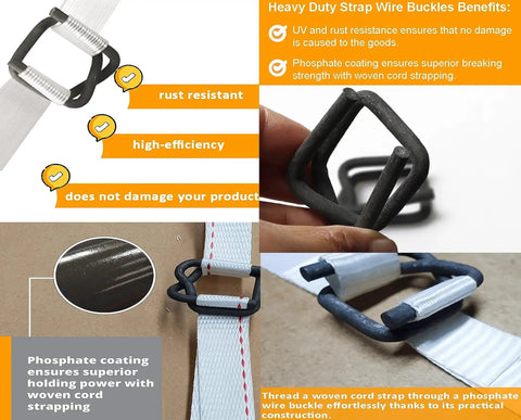 Heavy Duty Phosphate Strapping Buckle Set For Three Quarter Inch Woven Cord Strapping Tape Anti Slip Coating For Maximum Grip