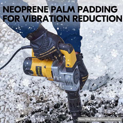 Person using a drill with Winter Waterproof Heavy Duty Mechanic Glove With High Dexterity, Anti Vibration And Abrasion, in snow.