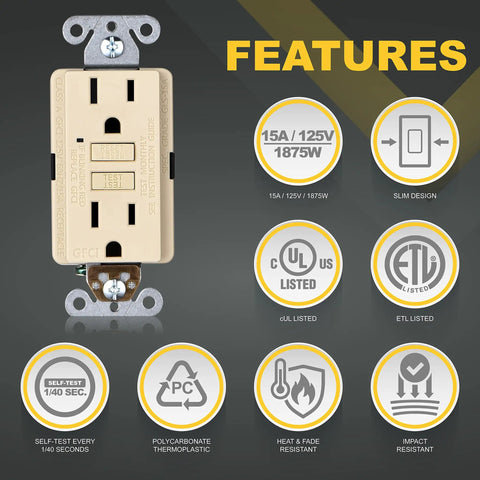 15 Amp GFCI Outlets With LED Indicator And Self Test For Easy No Fuss Install Slim Duplex Receptacles 125V 1875W Ivory 3 Pack ETL Listed NEC Compliant Ground Fault Interrupter showing features.