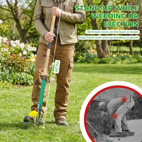 Person using Stand Up Weed Puller With Two Weed Ejects, 43.7 Inch Long Handled Garden Weeder With Foot Pedal, outdoors.