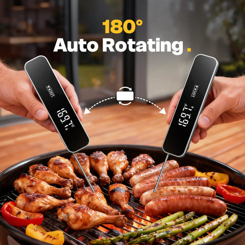 Lightning Fast Instant Read Meat Thermometer 0.3S Digital Food Thermometer in use on BBQ grill with sausages and chicken