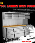 Front view of 72 Inch Rolling Tool Cabinet With 15 Drawers Mobile Workbench Chest Stainless Steel Pegboard Upper Cabinets Four Locking Wheels Built In Outlets And USB Ports Pro Grade Heavy Duty Garage Storage Solution.