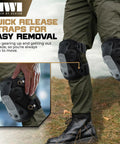 Beefed Up Adjustable Knee Pads With Rugged Nylon Shell And Impact Absorbing Foam For Construction Mechanics Combat And Landscaping Designed To Take A Beating During Long Grind Days with quick release straps on legs.