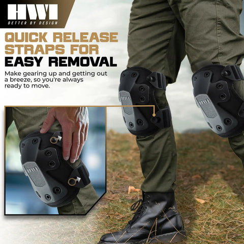 Beefed Up Adjustable Knee Pads With Rugged Nylon Shell And Impact Absorbing Foam For Construction Mechanics Combat And Landscaping Designed To Take A Beating During Long Grind Days with quick release straps on legs.
