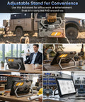Heavy Duty 10.95 Inch Waterproof Rugged Tablet With A Built In 260 Lumen DLP Projector And Native 1080P Full HD Display showcased in multiple settings with adjustable stand.