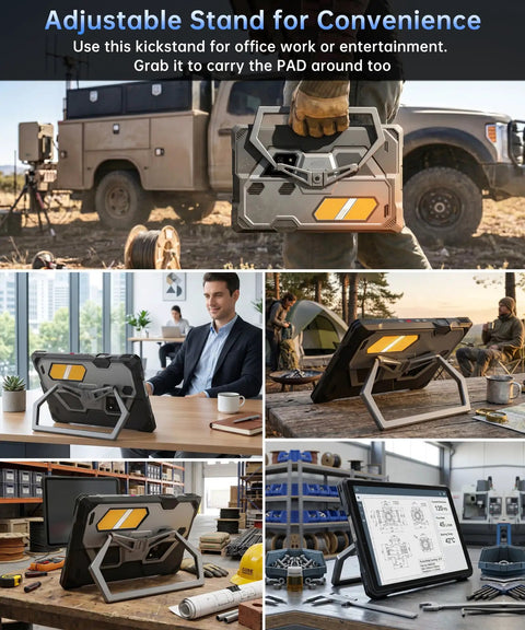 Heavy Duty 10.95 Inch Waterproof Rugged Tablet With A Built In 260 Lumen DLP Projector And Native 1080P Full HD Display showcased in multiple settings with adjustable stand.