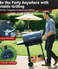 Man using Barrel Charcoal Grill With Side Table, Premium Spacious Outdoor BBQ Cooker for patio, easy mobility on wheels