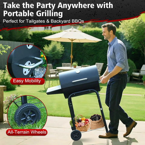 Man using Barrel Charcoal Grill With Side Table, Premium Spacious Outdoor BBQ Cooker for patio, easy mobility on wheels