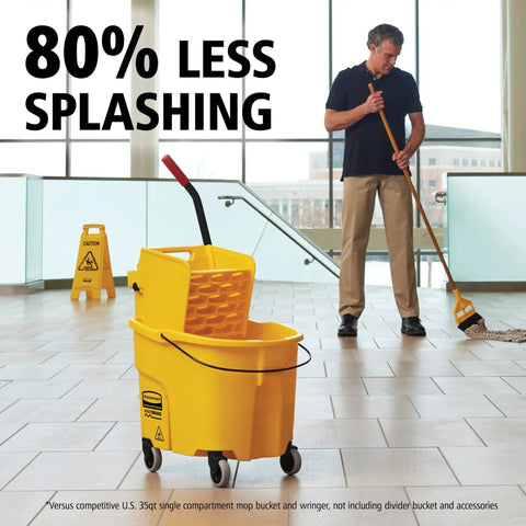WaveBrake 35 Qt Side Press Mop Bucket And Wringer On Wheels Yellow For Pro Grade Industrial Floor Cleaning Heavy Duty Mopping System That Cuts Splashing By Up To 80 Percent Keeps Water In And Boosts Safety And Productivity