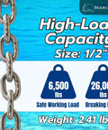 1/2 Inch G43 ISO AISI 316 Marine Grade Stainless Steel Anchor Chain With Mirror Polished Finish 300 Ft Saltwater Ready Rugged Boating Grade Chain Corrosion Resistant Working Load Limit 6,500 Lb Break Strength 26,000 Lb displayed with load capacity details.