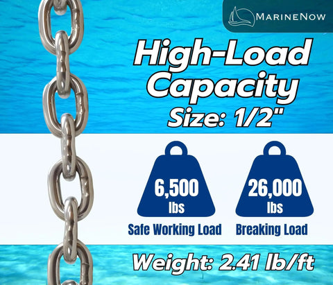 1/2 Inch G43 ISO AISI 316 Marine Grade Stainless Steel Anchor Chain With Mirror Polished Finish 300 Ft Saltwater Ready Rugged Boating Grade Chain Corrosion Resistant Working Load Limit 6,500 Lb Break Strength 26,000 Lb displayed with load capacity details.