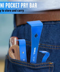 Three Piece Mini Flat Pry Bar Set Includes 5.25 Inch Pocket Pry Bar, 7.25 Inch Nail Puller, And 9.25 Inch Crowbar With Scraper in pocket
