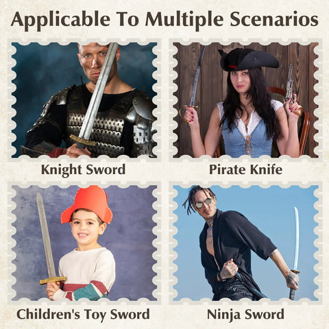 Collage featuring knight sword, pirate knife, children's toy sword, and ninja sword, showing versatility for various scenarios.