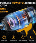 Heavy Duty Cordless Impact Wrench With 21V Brushless Motor And 6.0Ah Battery For Car Repair Garage Work Includes Charger And 39Pc Kit showing upgraded brushless motor design.