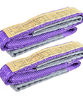 Two purple and gray 1in x 3.3ft 2-ply twisted-eye polyester lifting slings for hoists