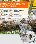 PP4218A Carburetor Kit for Poulan Gas Chainsaws with C1M-W26 W26 Carbs and Air Filter shown with installation benefits.