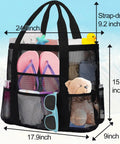 Mesh Beach Tote For Women With 8 Pockets And Inner Zipper Pocket, Waterproof Sandproof Beach Bag with toys and flip-flops, dimensions shown
