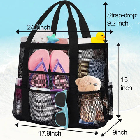 Mesh Beach Tote For Women With 8 Pockets And Inner Zipper Pocket, Waterproof Sandproof Beach Bag with toys and flip-flops, dimensions shown
