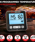 Digital Meat Thermometer For Grilling And Smoking With 7 Preset Temperature Alerts shown beside grilled steak