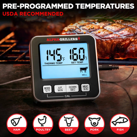 Digital Meat Thermometer For Grilling And Smoking With 7 Preset Temperature Alerts shown beside grilled steak