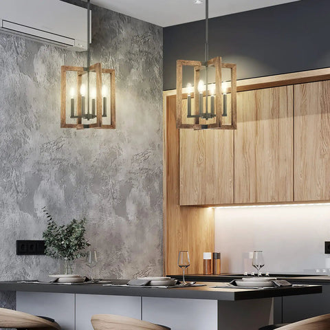 Farmhouse 4 Light Ceiling Fixture With Adjustable Hand Painted Wood Semi Flush Mount Black Finish in kitchen setting