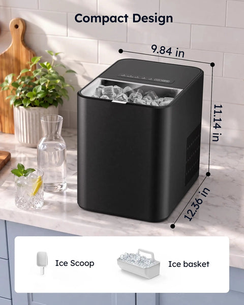 Fast Countertop Ice Maker with compact design, showing ice cubes, ice scoop, and ice basket on a kitchen countertop.