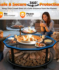 Family using Outdoor Fire Pit Surround Table With 40 Inch Tabletop And 21 Inch Inner Ring; firewood storage visible