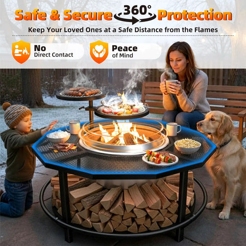Family using Outdoor Fire Pit Surround Table With 40 Inch Tabletop And 21 Inch Inner Ring; firewood storage visible