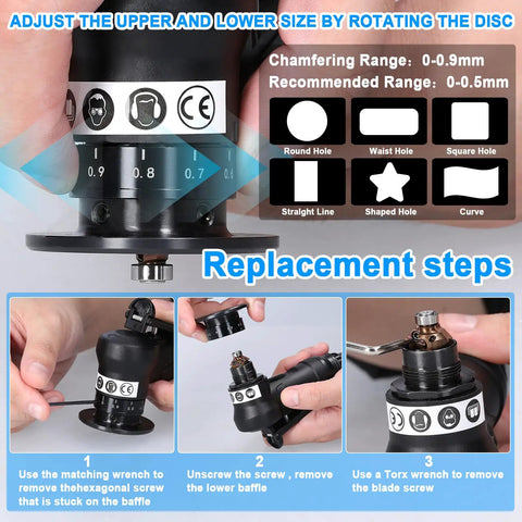 Heavy Duty Pneumatic Chamfering Machine Portable Angle Grinder Tool For Metal Wood Acrylic showing adjustment and replacement steps.
