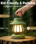Rechargeable Kid Friendly Lantern Night Light With Dimmable 3 Color LEDs held by a hand, showing 7.5in height and 4.5in width.