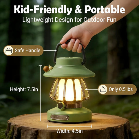 Rechargeable Kid Friendly Lantern Night Light With Dimmable 3 Color LEDs held by a hand, showing 7.5in height and 4.5in width.