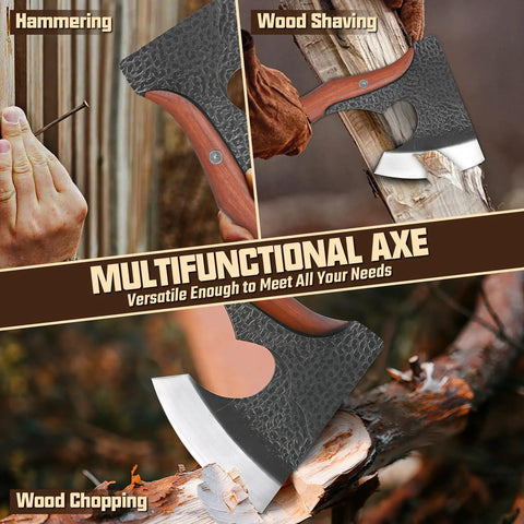 Camping Hatchet With Sheath 14 Inch Hand Forged Survival Hatchet used for hammering, wood shaving, and chopping.