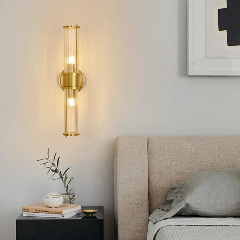 Gold Aluminum Wall Sconce With Cut Glass Shade, Up And Down Lighting, Modern Vanity Light for bedroom wall