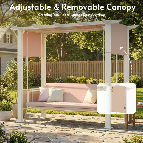 3 Seat Outdoor Porch Swing with Stand and Canopy 2 in 1 Convertible Swing Bed for Adults with adjustable canopy in backyard