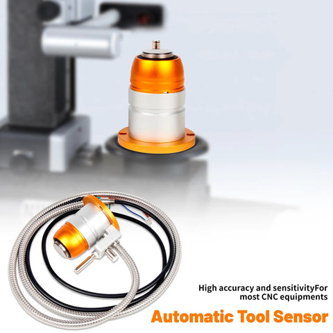 IP65 Yellow CNC Router Tool Sensor Probe with 5mm stroke, shown with wire, Mach3 Z Axis Touch Setter for engravers, coiled cable visible.