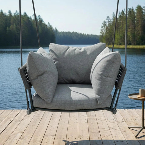 Single Seater Porch Swing Chair With 106 Inch Adjustable Rope For Height Boho Macrame Hanging Hammock Chair For Outdoor Patio Or Bedroom Reading Nook Anti Tip Design With Cushions In Grey Cozy Chill Vibe on wooden deck by lake