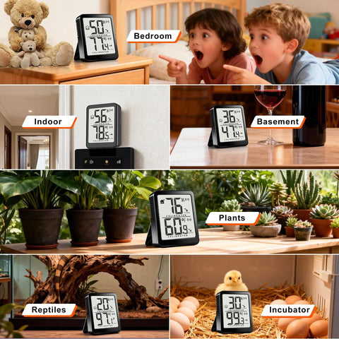 Two Pack Indoor Thermometer And Humidity Monitor With Digital Temp And Humidity Gauge, Real Time Readouts, Battery Included, Ideal For Home, Baby Nursery, Reptile Enclosures, And Greenhouses, shown in bedroom