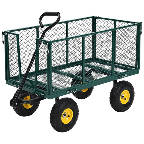 Heavy Duty Steel Garden Cart With 550 Pound Capacity, 10 Inch Wheels, Removable Sides, 180 Degree Rotating Handle, Farm And Yard Push Wagon