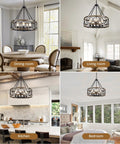 Modern Farmhouse 8 Light Black And Gold Chandelier With Adjustable Rod showcased in dining room, living room, kitchen, bedroom.