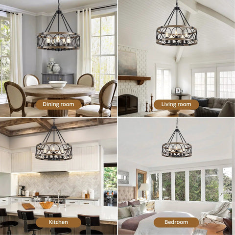 Modern Farmhouse 8 Light Black And Gold Chandelier With Adjustable Rod showcased in dining room, living room, kitchen, bedroom.